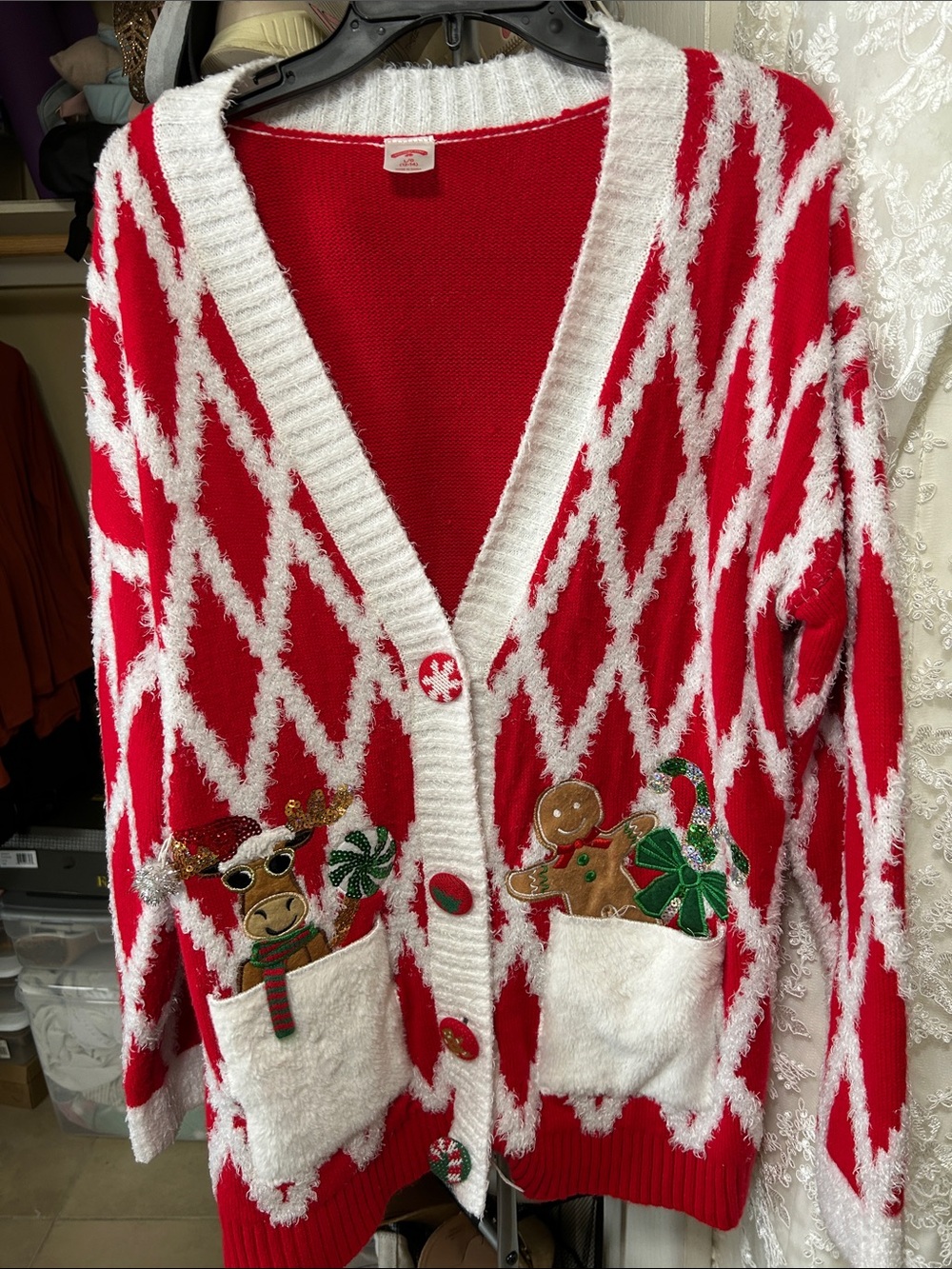 Holiday Time Red & White Festive Pocket Cardigan